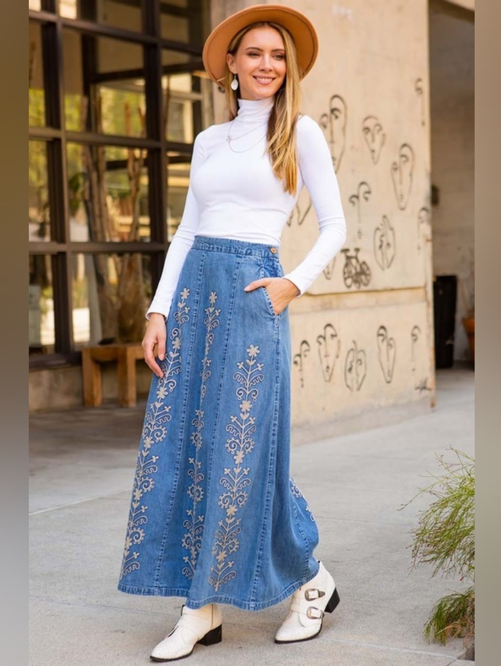 Young Threads Hand Embroidered Denim A-Line Maxi Skirt Boho Western NWT